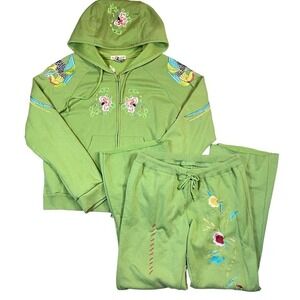 Y2k Green Embroidered Track Suit Jacket Pants‎ Set
